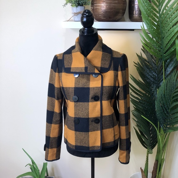 🧥 Ann Taylor LOFT Wool Buffalo Check Swing Coat Yellow/Mustard Navy Medium - Picture 2 of 8